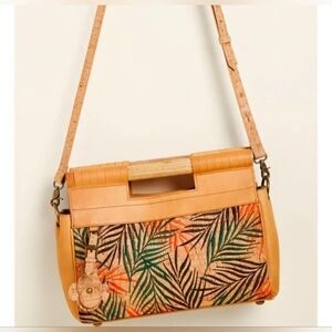Crossbody Handbag Wooden Handle Tropical Cork Palm Fronds
